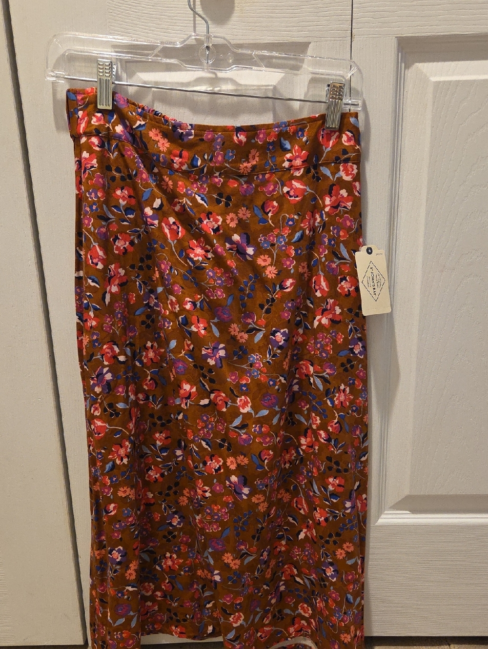 St. John's Bay Brown Midi Skirt with Pink & Purple Floral Pattern
